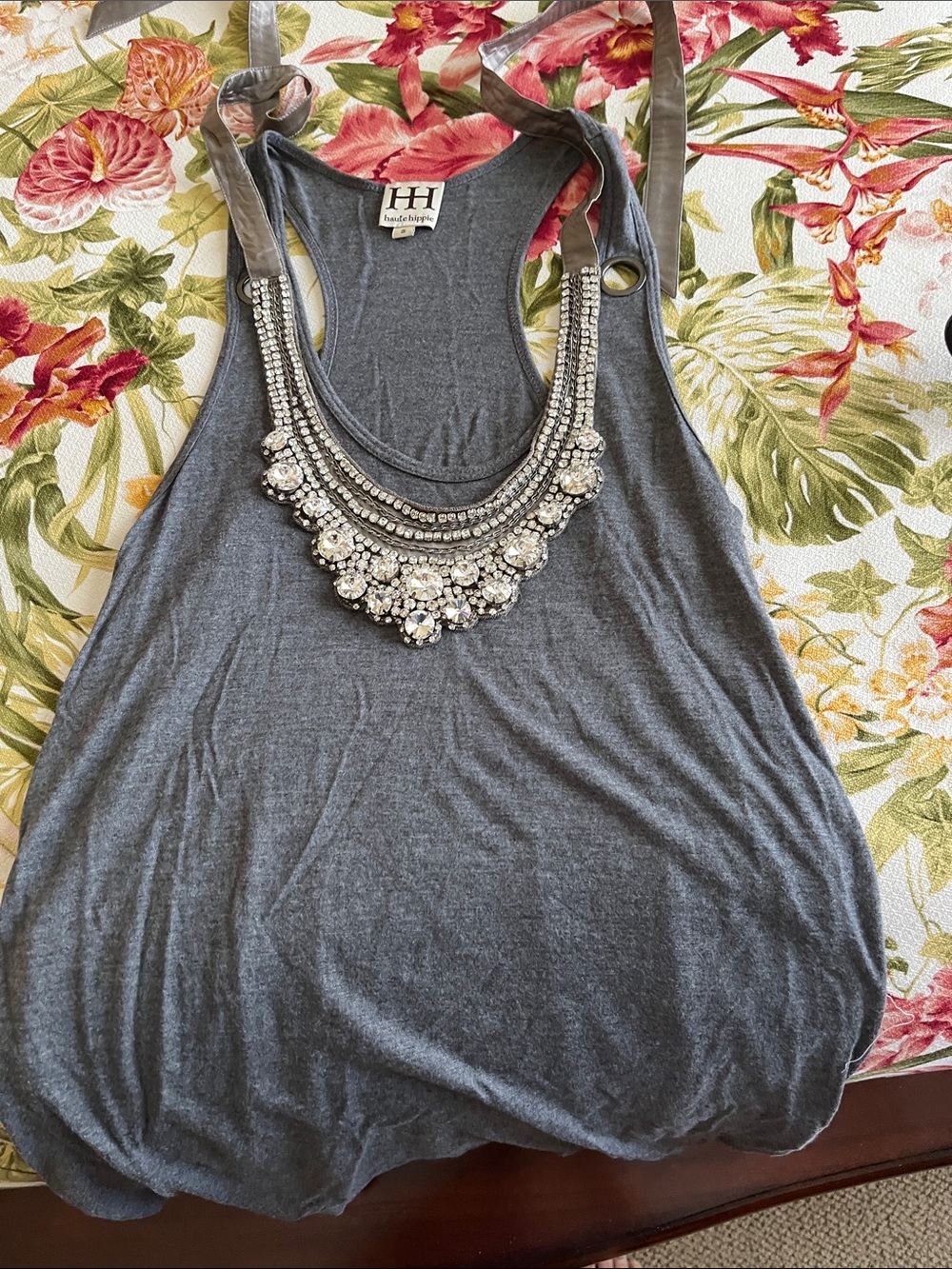 Gray Embellished Racerback Tank Top Haute Hippie